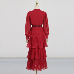 Vintage inspired red statement dress with ruffles and lace for elegant events
