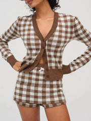 Vintage-inspired knit lounge co-ord in brown plaid