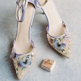 Violet butterfly-knot embroidered heels styled for weddings and engagements