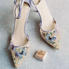 Violet butterfly-knot embroidered heels styled for weddings and engagements