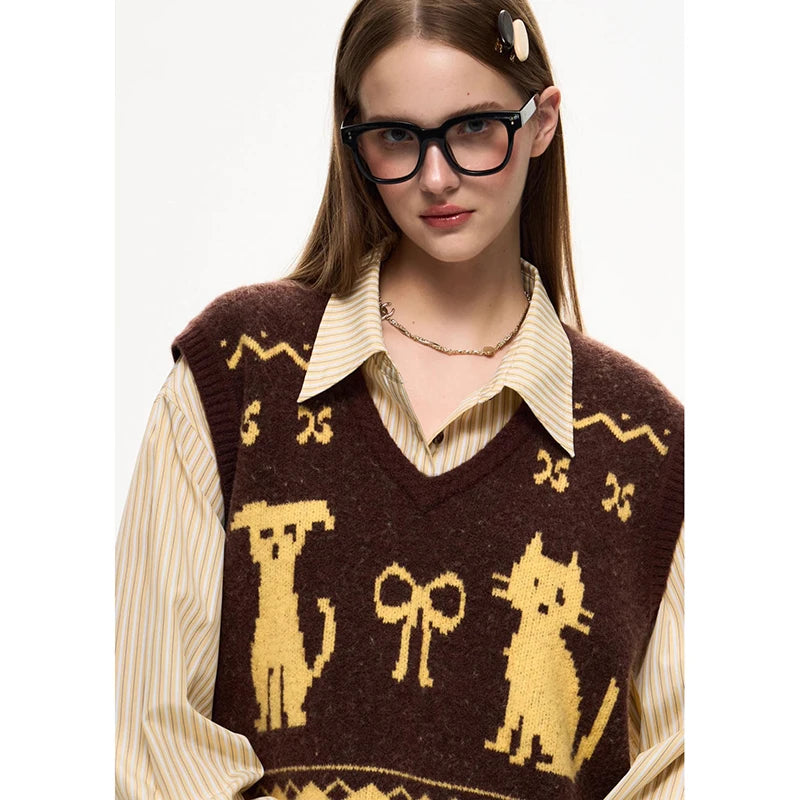 Brown V-neck wool cartoon sweater vest for preppy looks