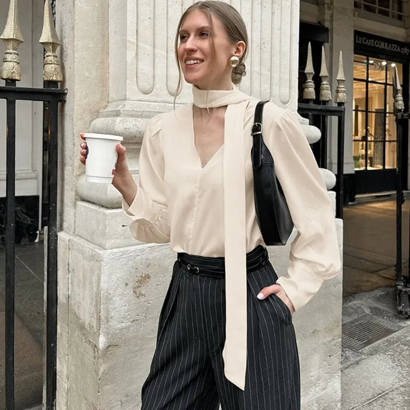 V-neck chiffon blouse with scarf ribbon for women