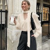 V-neck chiffon blouse with scarf ribbon for women