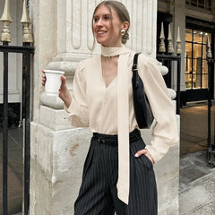 V-neck chiffon blouse with scarf ribbon for women