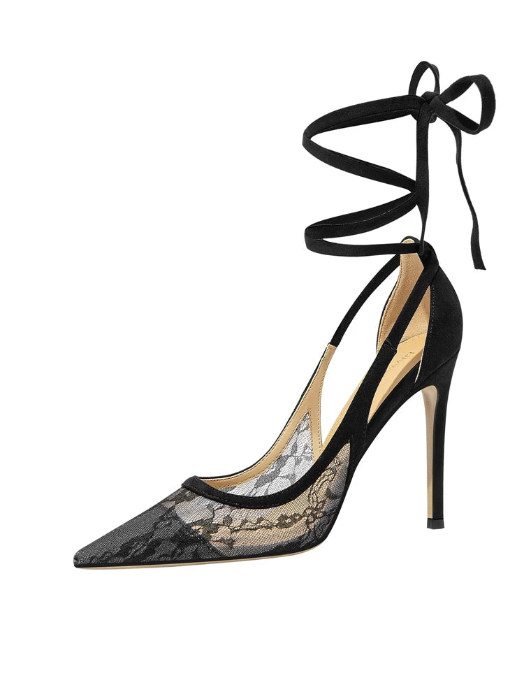 Lace-up pointed toe pumps for formal evening wear