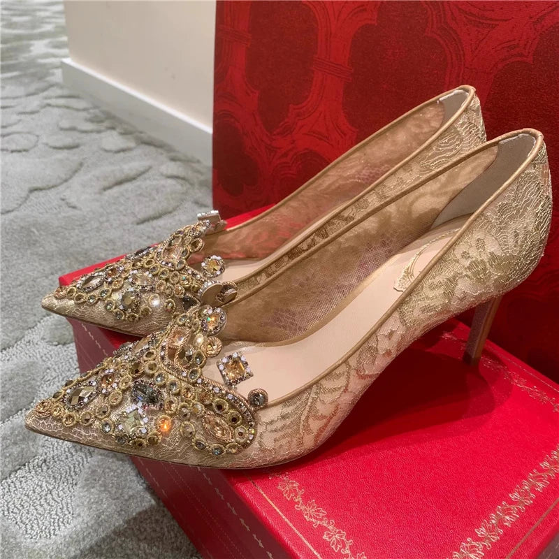 Wedding gold lace crystal shoes with high heel