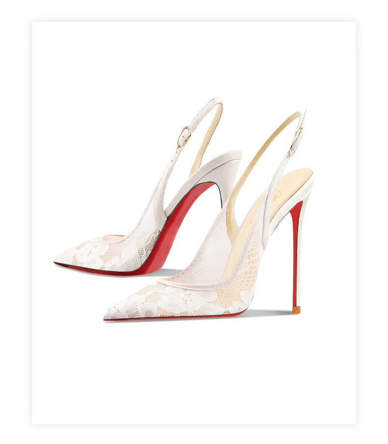 Wedding lace mesh bridal heels with floral detailing and open sides