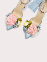 Whimsical blue event sandals with oversized bows and pearl ankle strap
