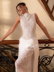 Full-length indoor styling shot emphasizing the ankle-length hem and refined silhouette, designed for receptions and formal celebrations.