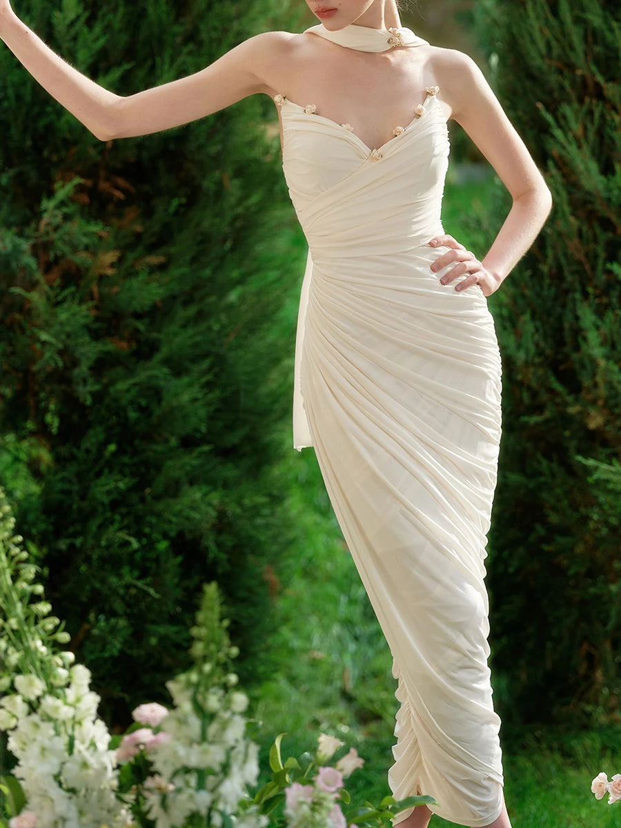 White draped pleated midi dress with floral trim neckline