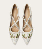 White embroidered floral crystal heels designed for bridal events