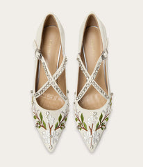 White embroidered floral crystal heels designed for bridal events