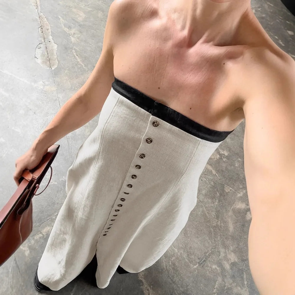 White floor length cotton-linen dress designed for relaxed autumn outfits