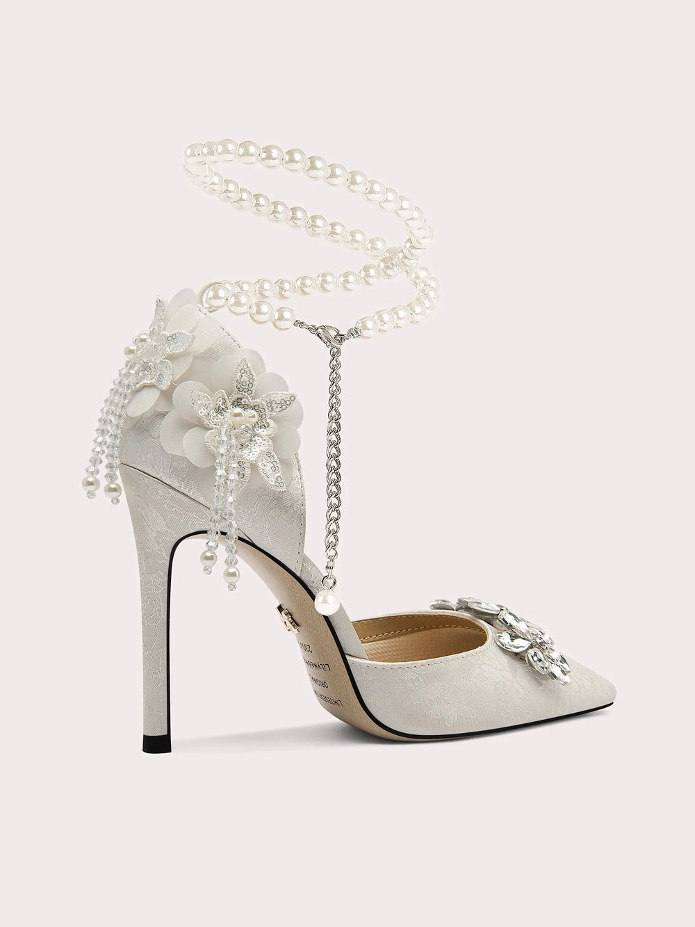 White floral pearl anklet heels with crystal embellishments