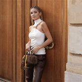 White gold accent halter tank top styled for urban high street