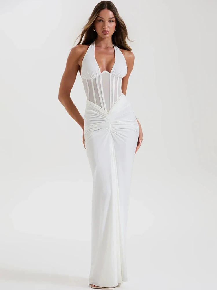 White halter corset gown styled for bridal and formal events
