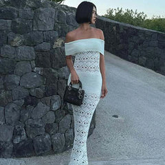 White hollow out summer maxi dress for women with elegant boho silhouette