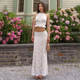 White lace two-piece co-ord styled for summer outdoor events