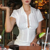 White lace patchwork summer blouse with ruched bust and slim fit