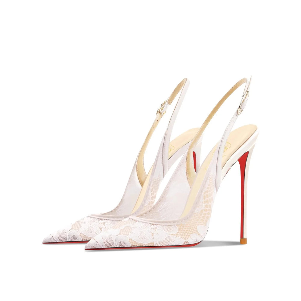 White lace slingback heels with red soles styled for bridal events