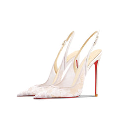 White lace slingback heels with red soles styled for bridal events