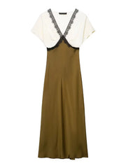 White and mustard patchwork midi dress perfect for layered fall styling