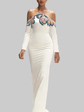 White off-shoulder sequin beaded maxi dress