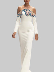 White off-shoulder sequin beaded maxi dress