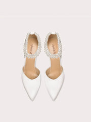 White pearl ankle strap heel sandals styled for weddings and parties