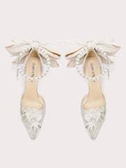 White pearl bow stiletto heels with lace and beaded details