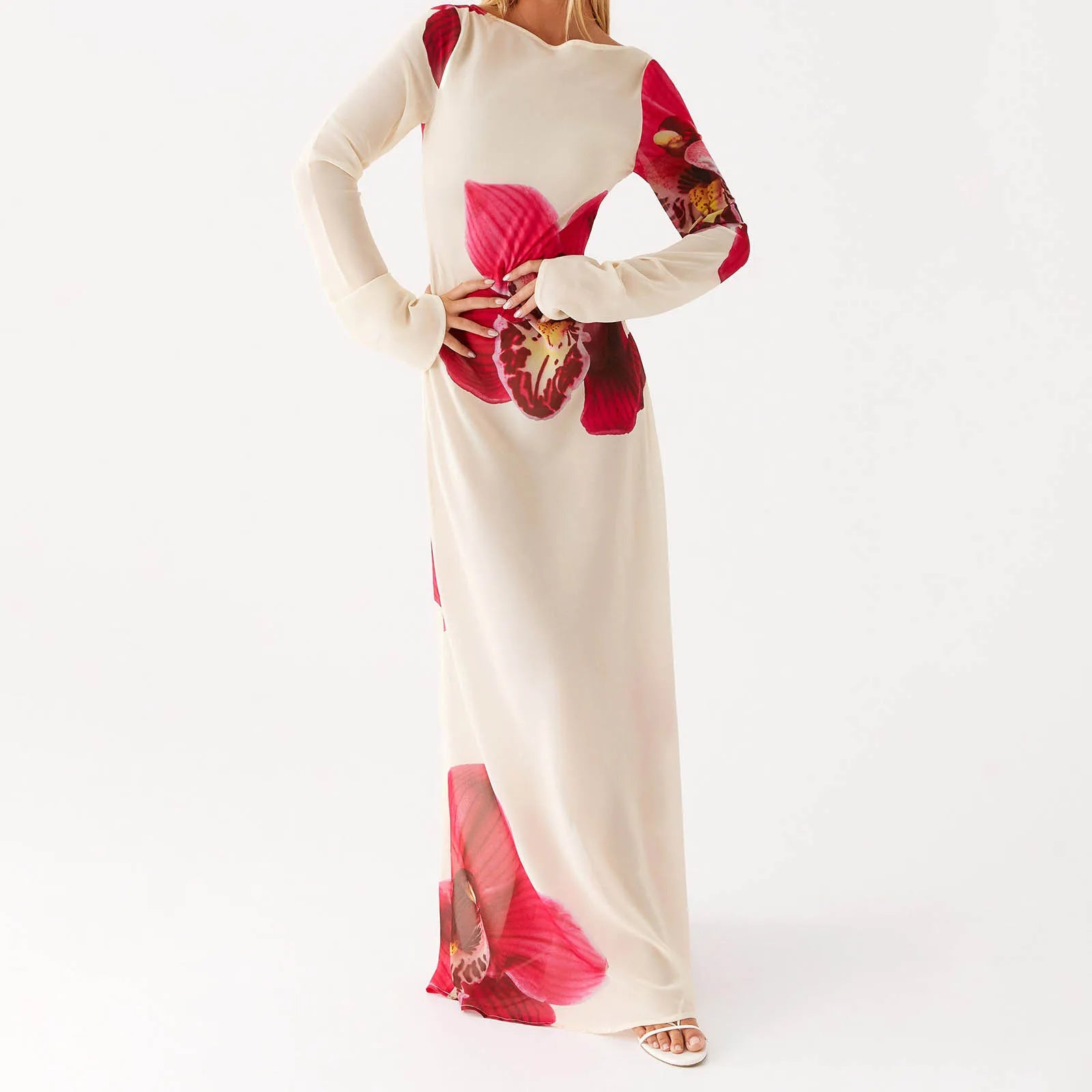 White and red floral maxi dress styled for summer parties and sunset events