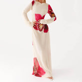 White and red floral maxi dress styled for summer parties and sunset events