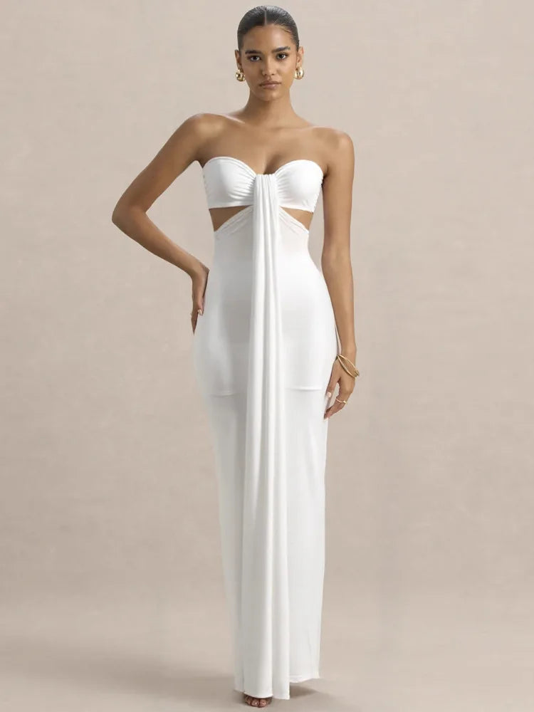 White strapless cut-out evening gown styled for formal occasions