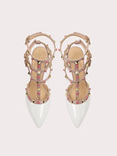 White studded strappy stiletto heels with patent toe and gold cage