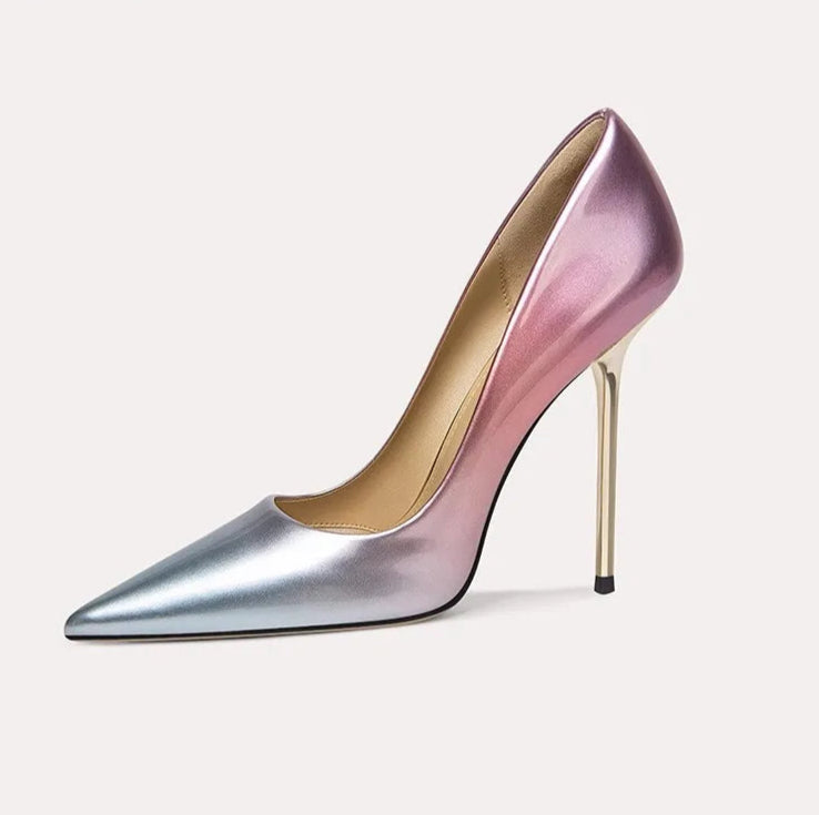 High-heeled shoe with gradient color design on a white background