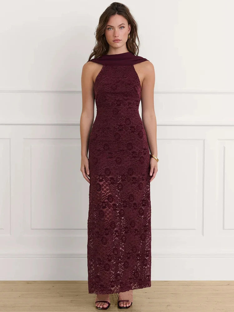 Wine red lace maxi dress styled for formal parties and club nights