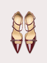 Wine red patent leather sandals with buckle strap and thin heel