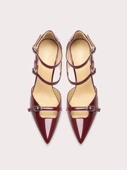 Wine red patent leather sandals with buckle strap and thin heel
