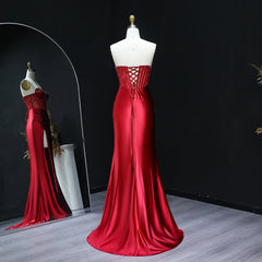 Full-length satin mermaid evening gown with high slit and draped finish