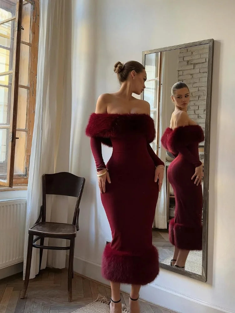 Close-up angle of a faux fur off-shoulder midi dress showing neckline trim and slim shaping.
