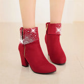 Chunky heel red boots with side zipper