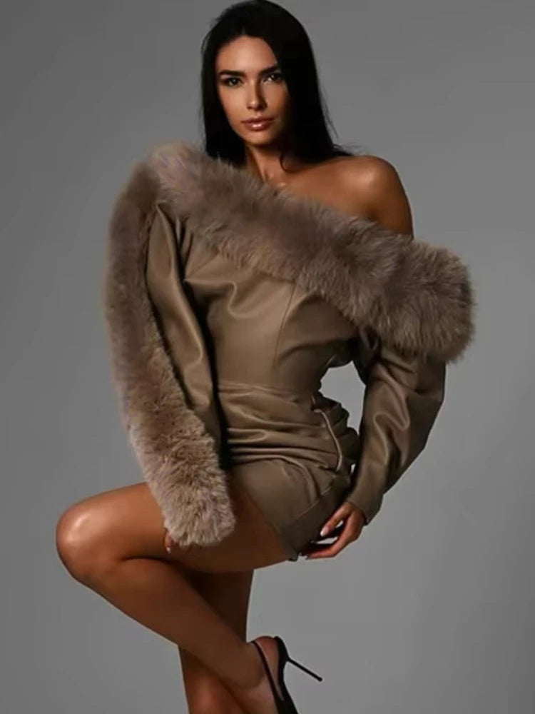Winter statement dress in beige faux leather and fur trim, worn by model