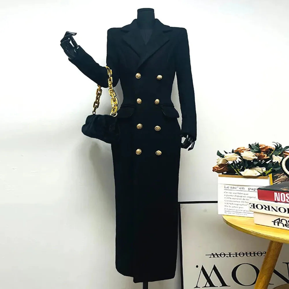Elegant longline coat with metallic button accents