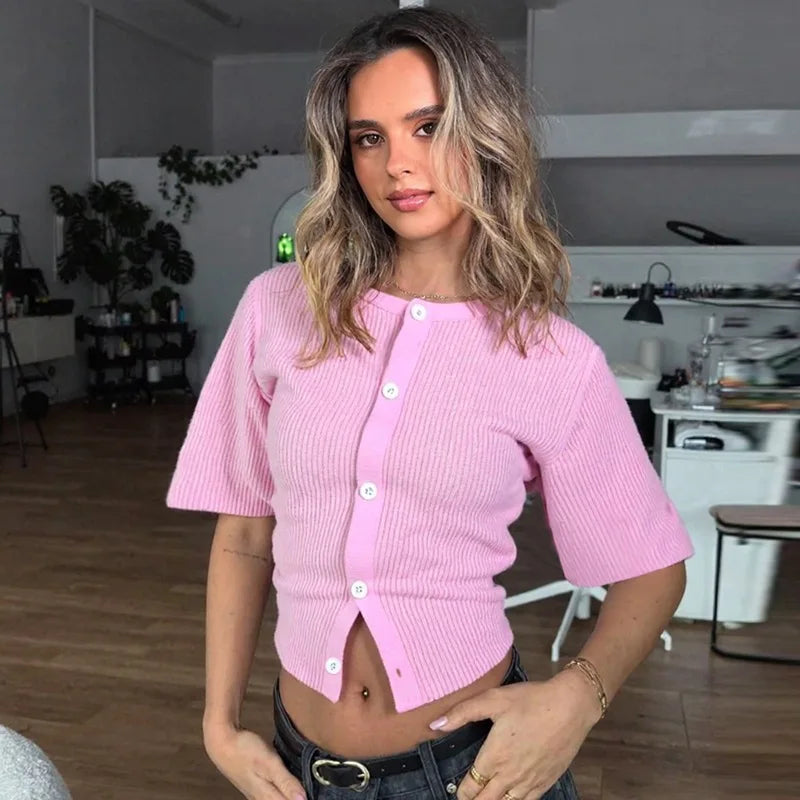 A front view of the women's O-neck knit tee, highlighting the slim silhouette.