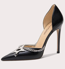 A full-length shot of women's party shoes, styled with an evening outfit.