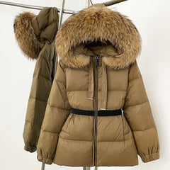 Insulated hooded coat with plush natural fur