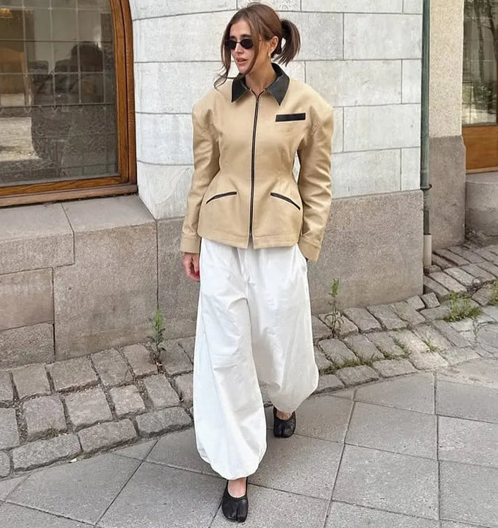 Turn-down collar jacket with contrast accents and clean tailored lines