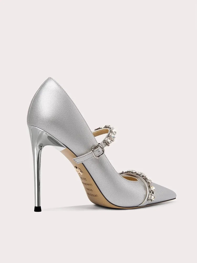 Rhinestone strap pointed toe high heels for weddings