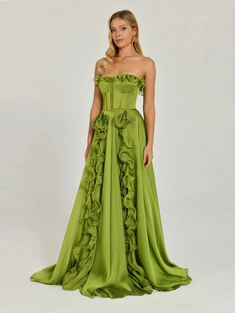 Floor-length evening gown with side split and sleeveless design