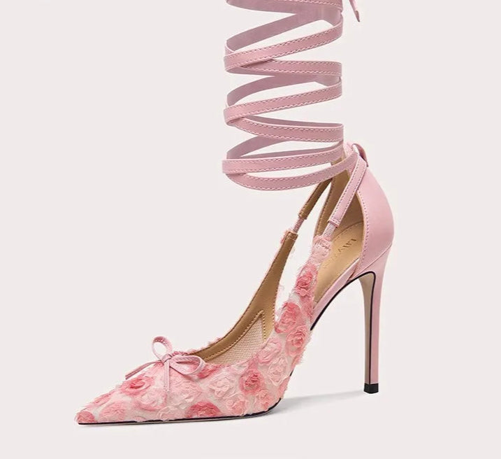 Women’s lace mesh evening shoes with rose bow detail